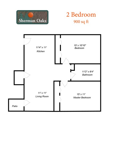 A floor plan for a 2 Bedroom, 900 sq ft property.